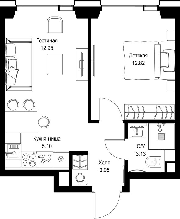 1-комнатная квартира, 38 м²