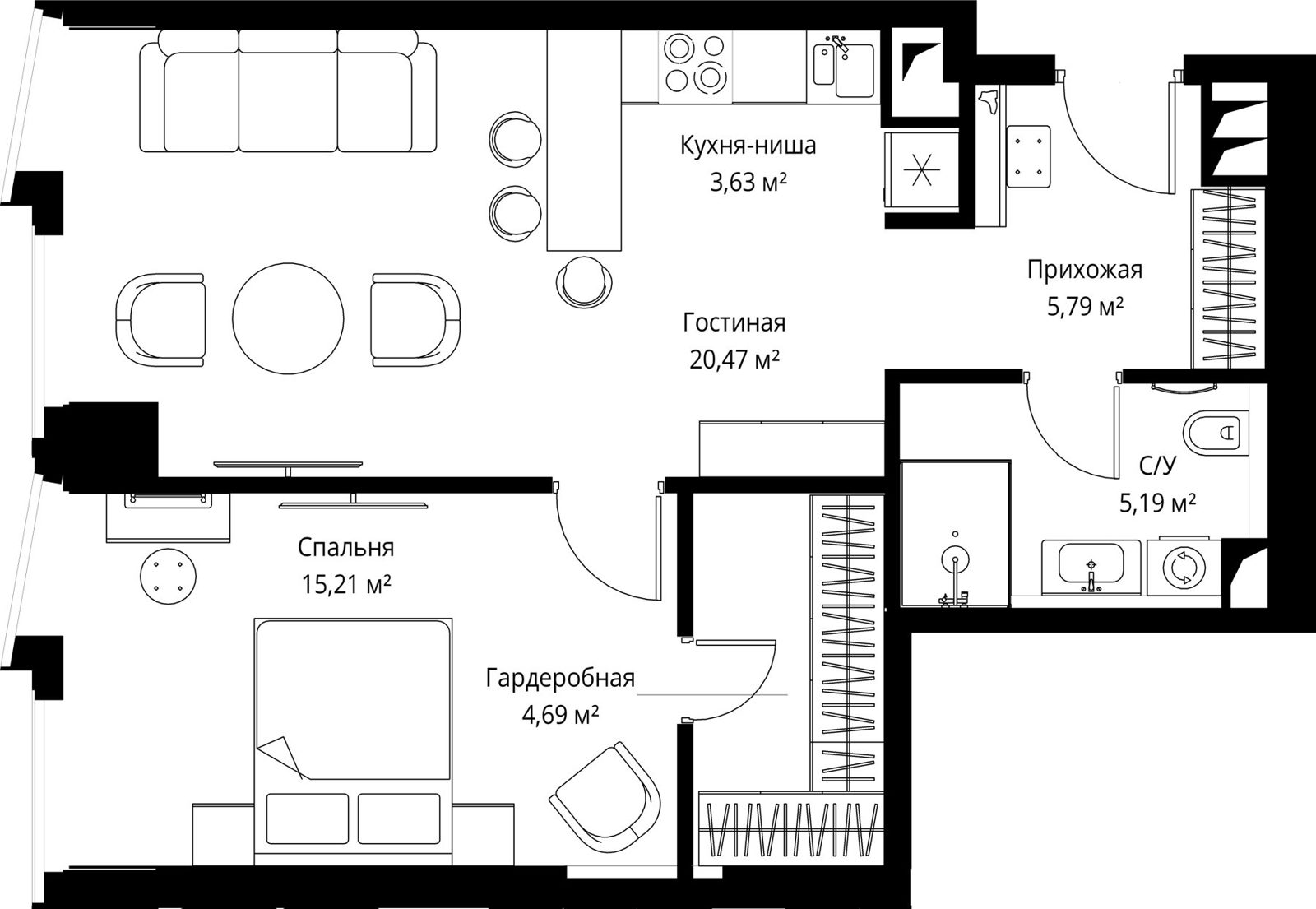 1-комнатная квартира, 55,2 м²