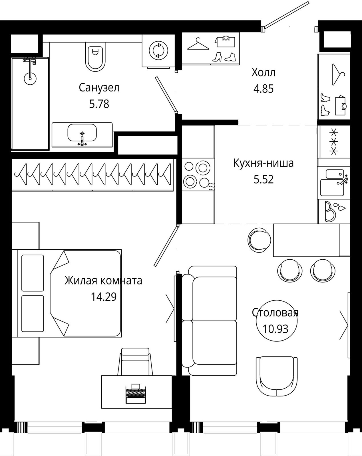 1-комнатная квартира, 41,5 м²