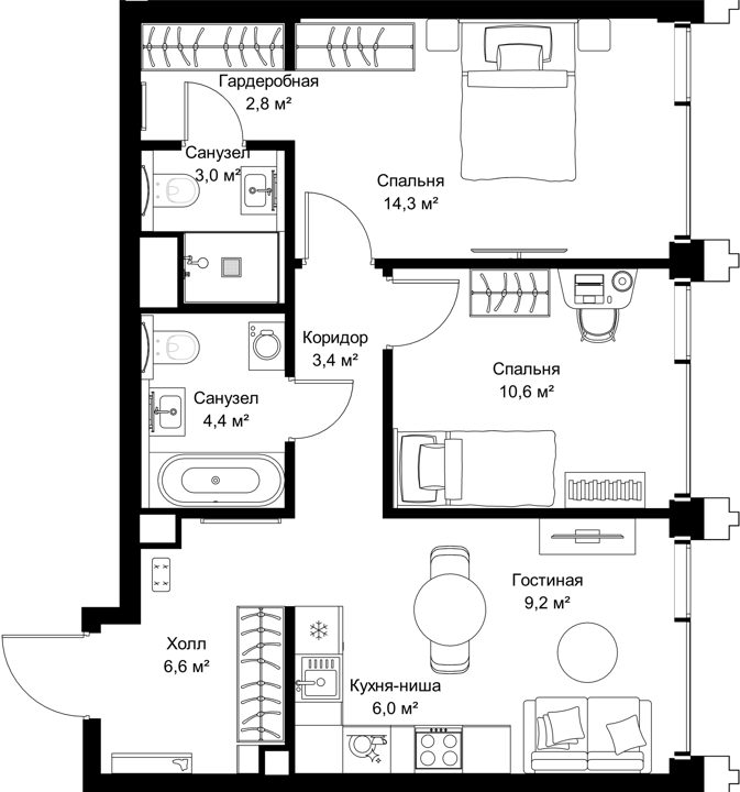 2-комнатная квартира, 60,3 м² — фото 1
