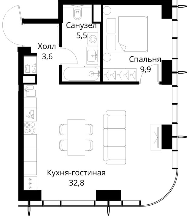 1-комнатная квартира, 51,8 м² — фото 1