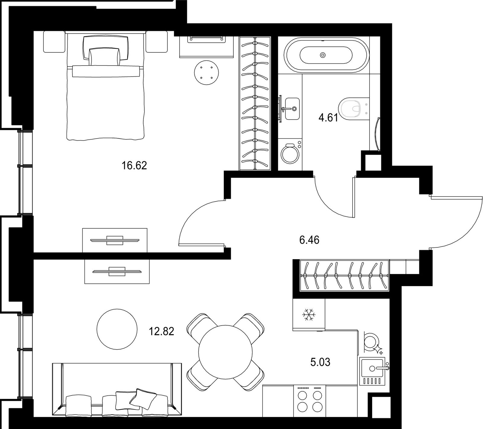 1-комнатная квартира, 45,5 м²