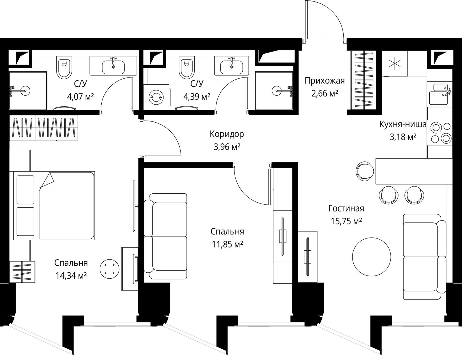 2-комнатная квартира, 59,7 м²