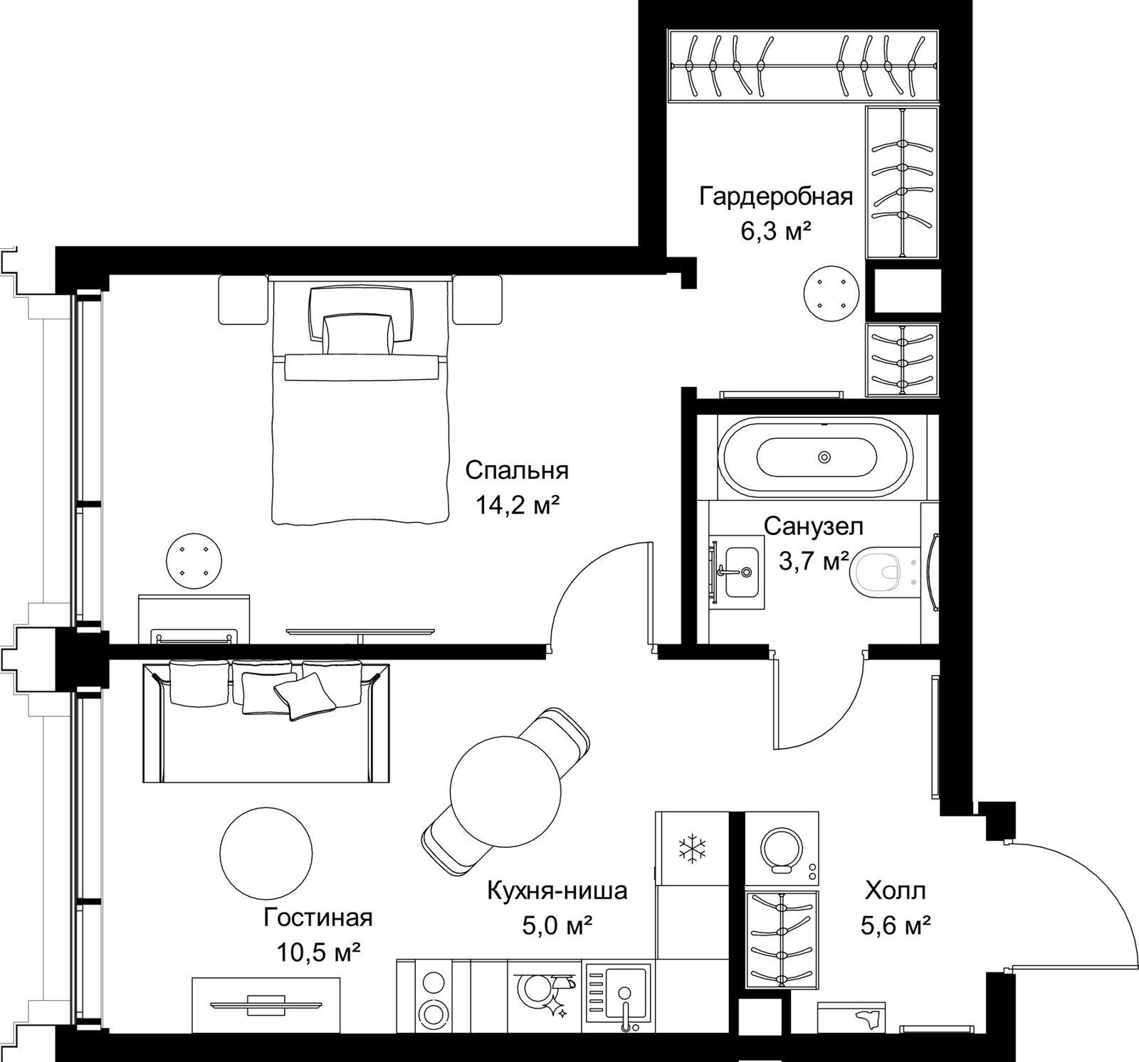 1-комнатная квартира, 45,3 м²