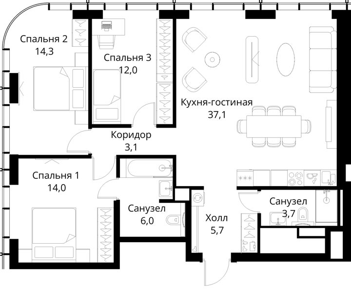 3-комнатная квартира, 95,9 м² — фото 1