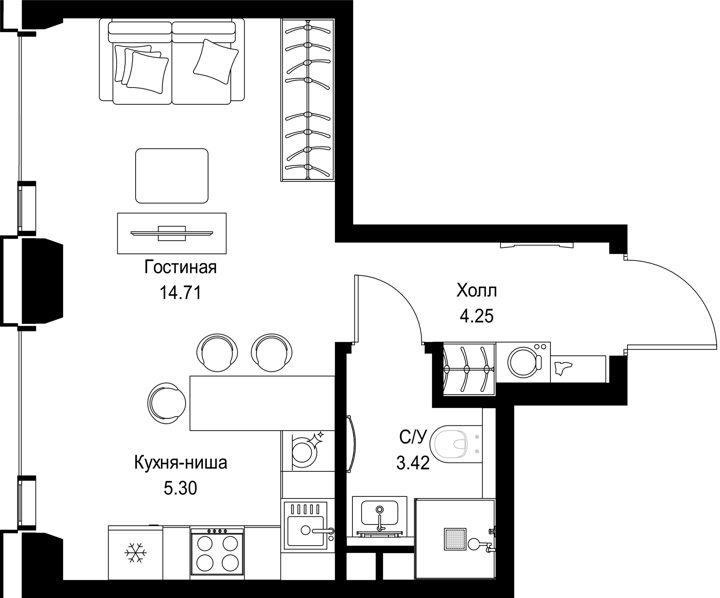 Квартира-студия, 27,7 м²