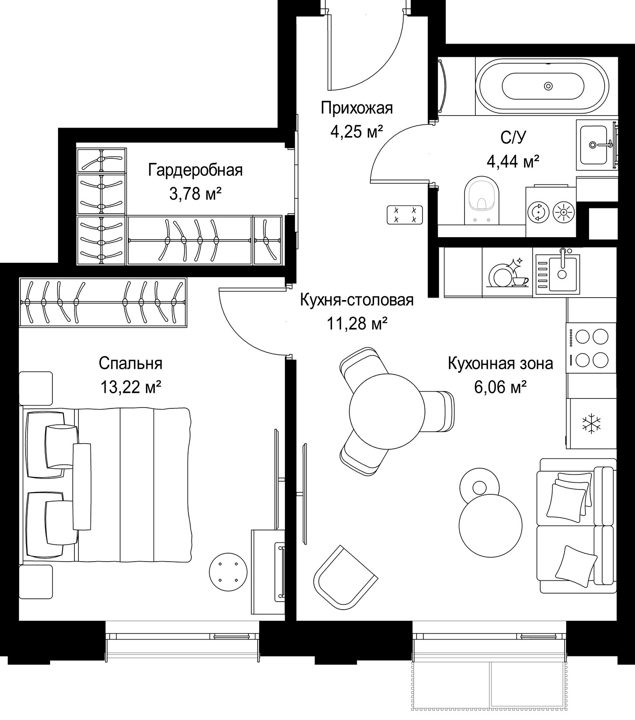 1-комнатная квартира, 43 м² — фото 1