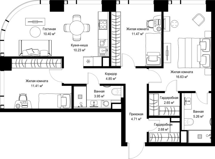 3-комнатная квартира, 84,2 м²