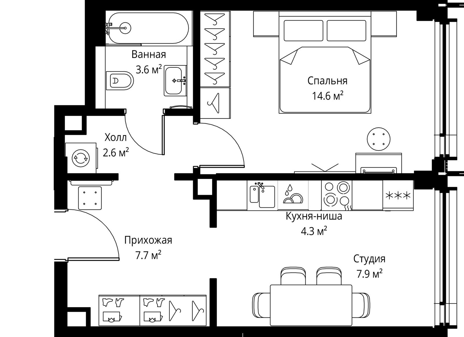 1-комнатная квартира, 40,7 м²