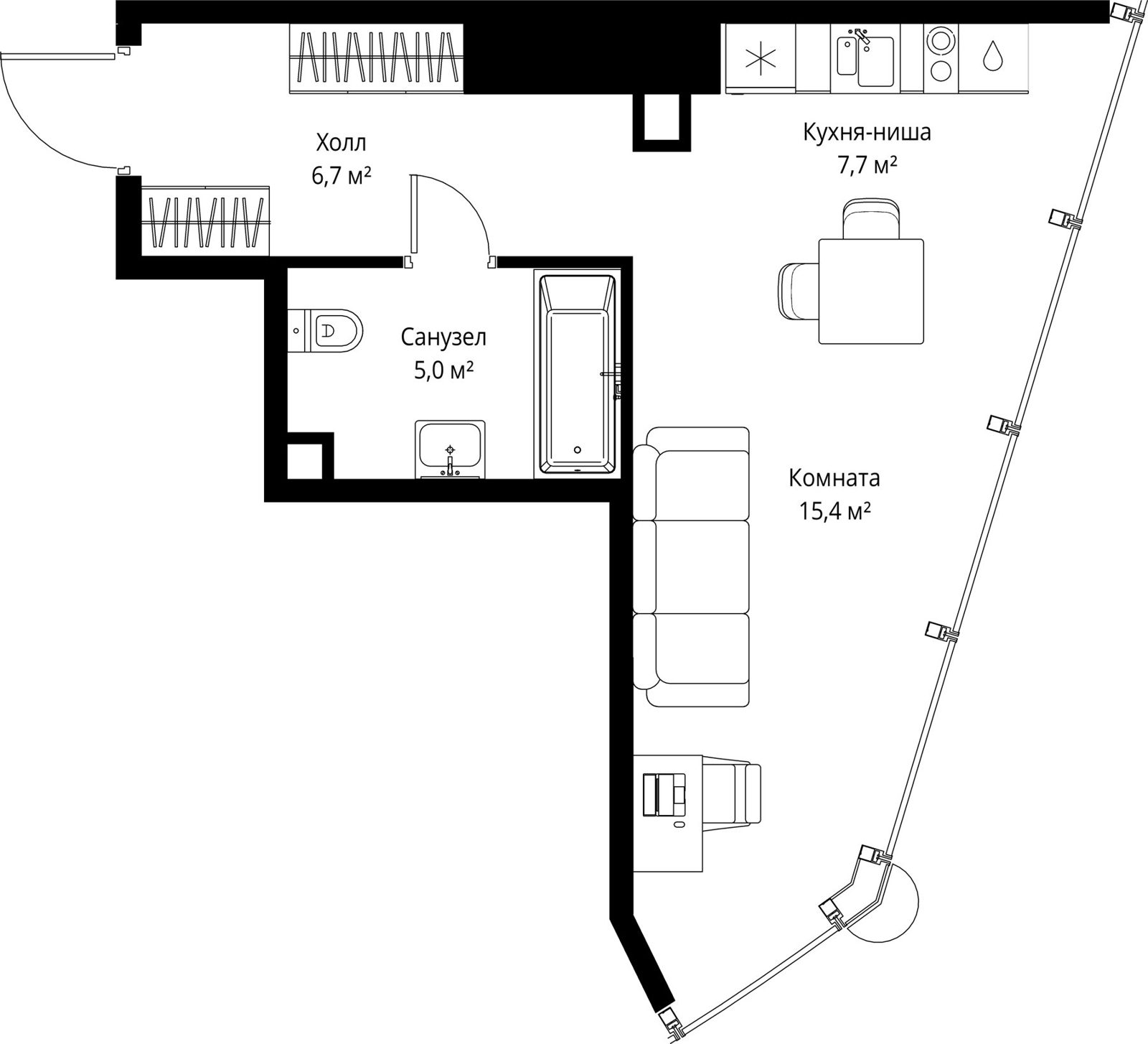 Квартира-студия, 34,8 м²