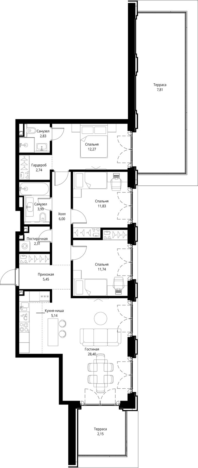 3-комнатная квартира, 102,7 м²