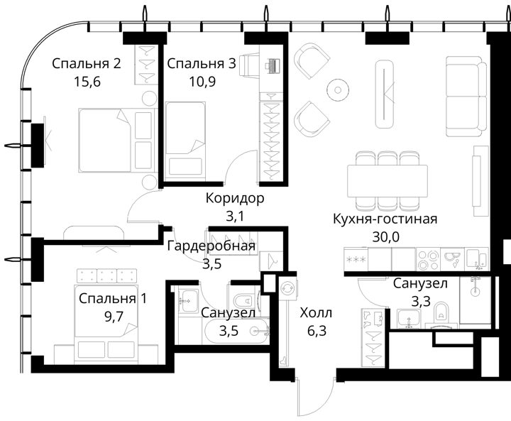3-комнатная квартира, 85,9 м² — фото 1