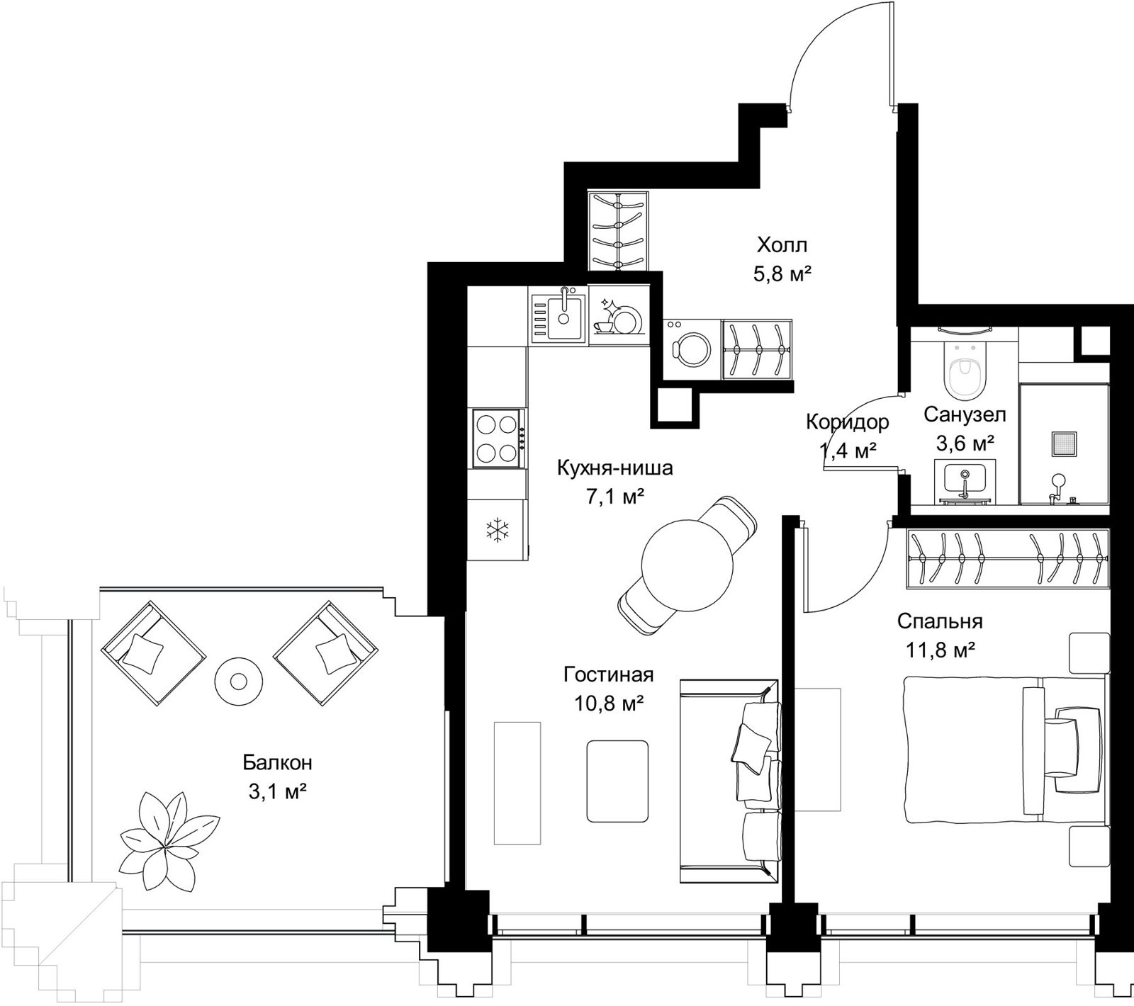 1-комнатная квартира, 43,6 м²