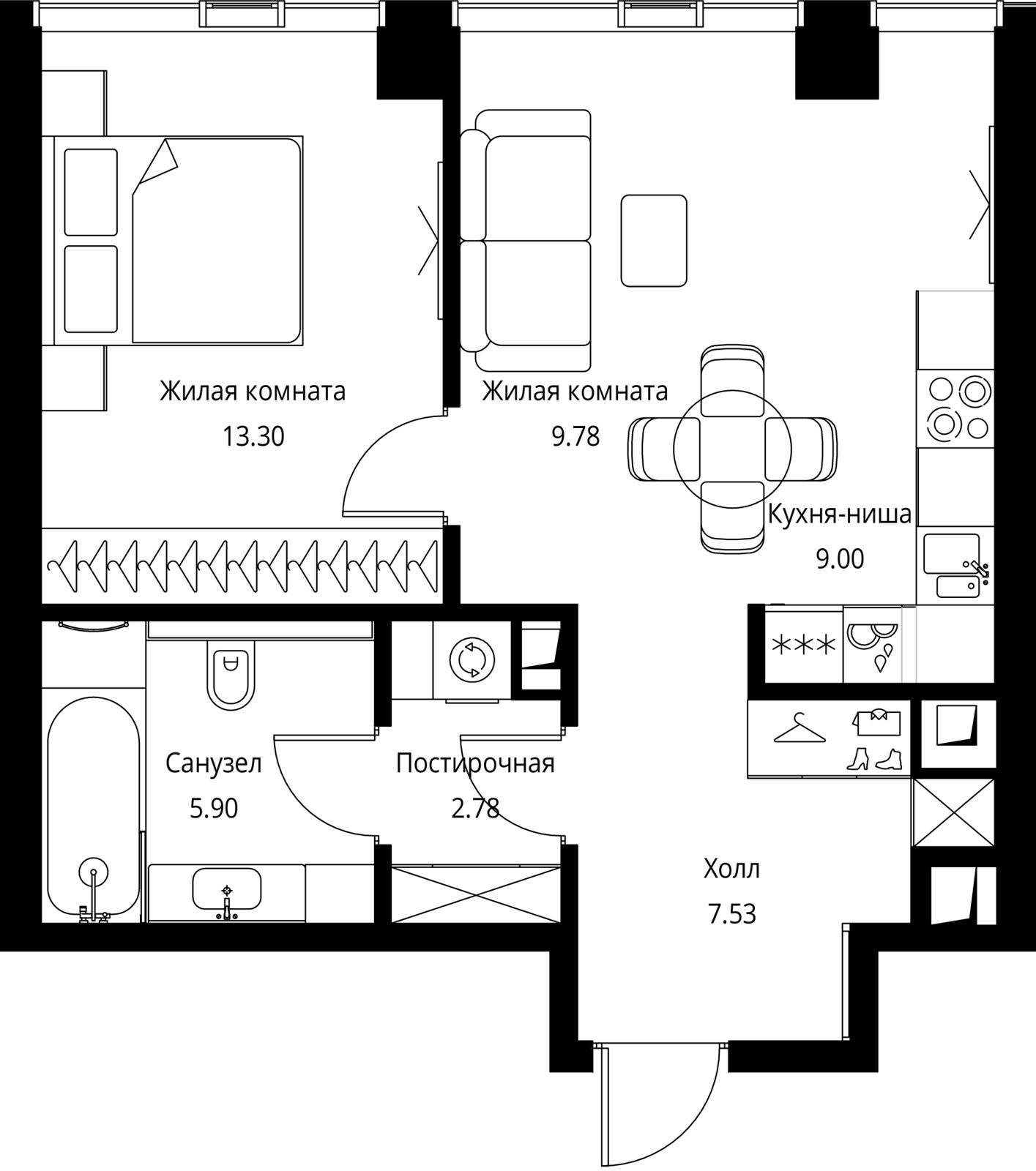 1-комнатная квартира, 48,3 м²