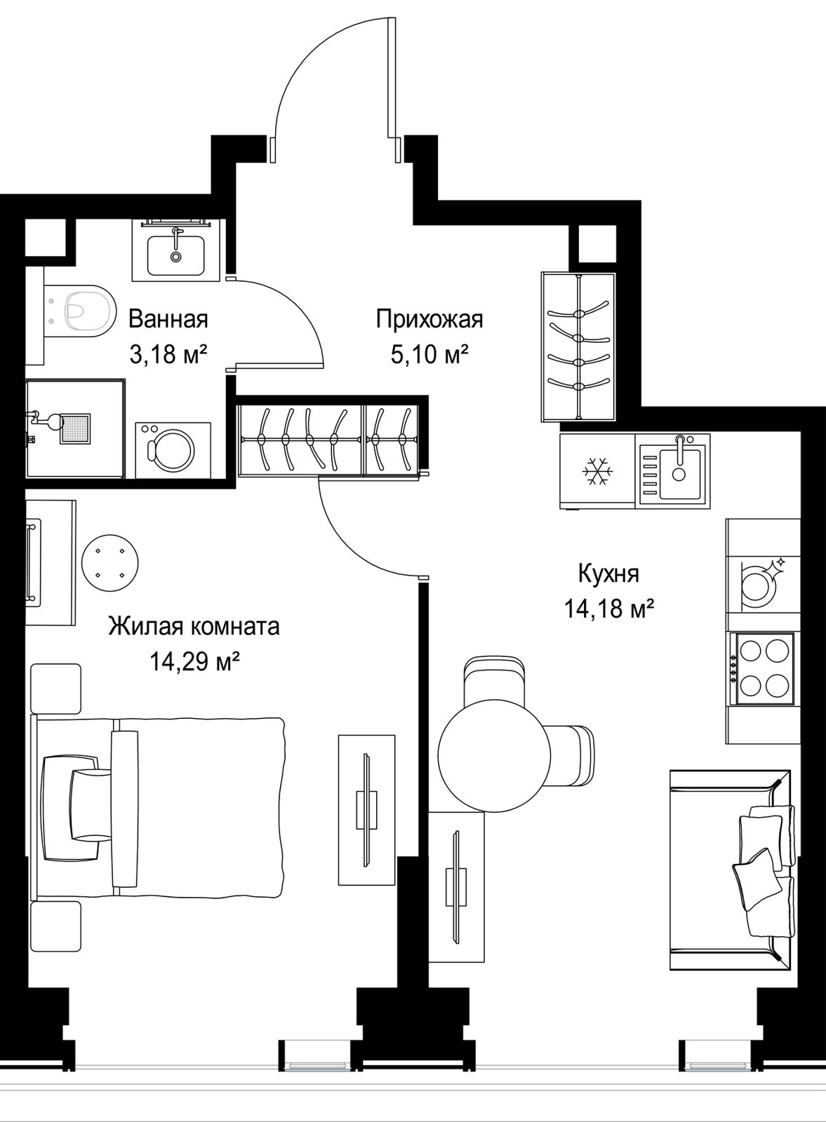 1-комнатная квартира, 36,8 м²