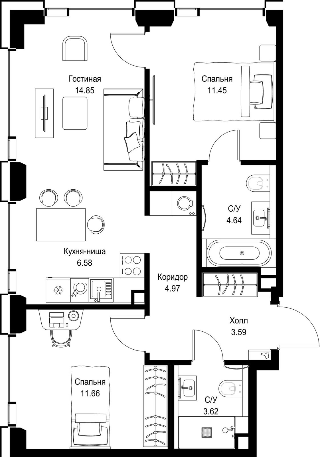 2-комнатная квартира, 61,4 м²