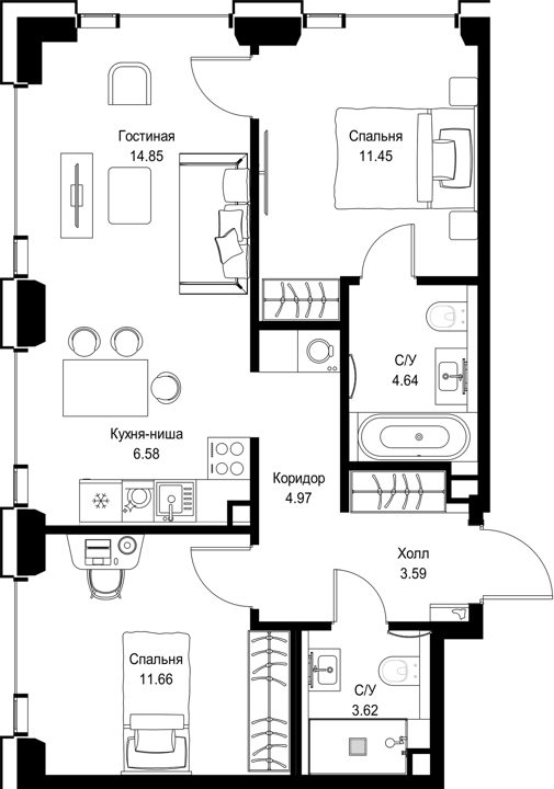 2-комнатная квартира, 61,4 м²