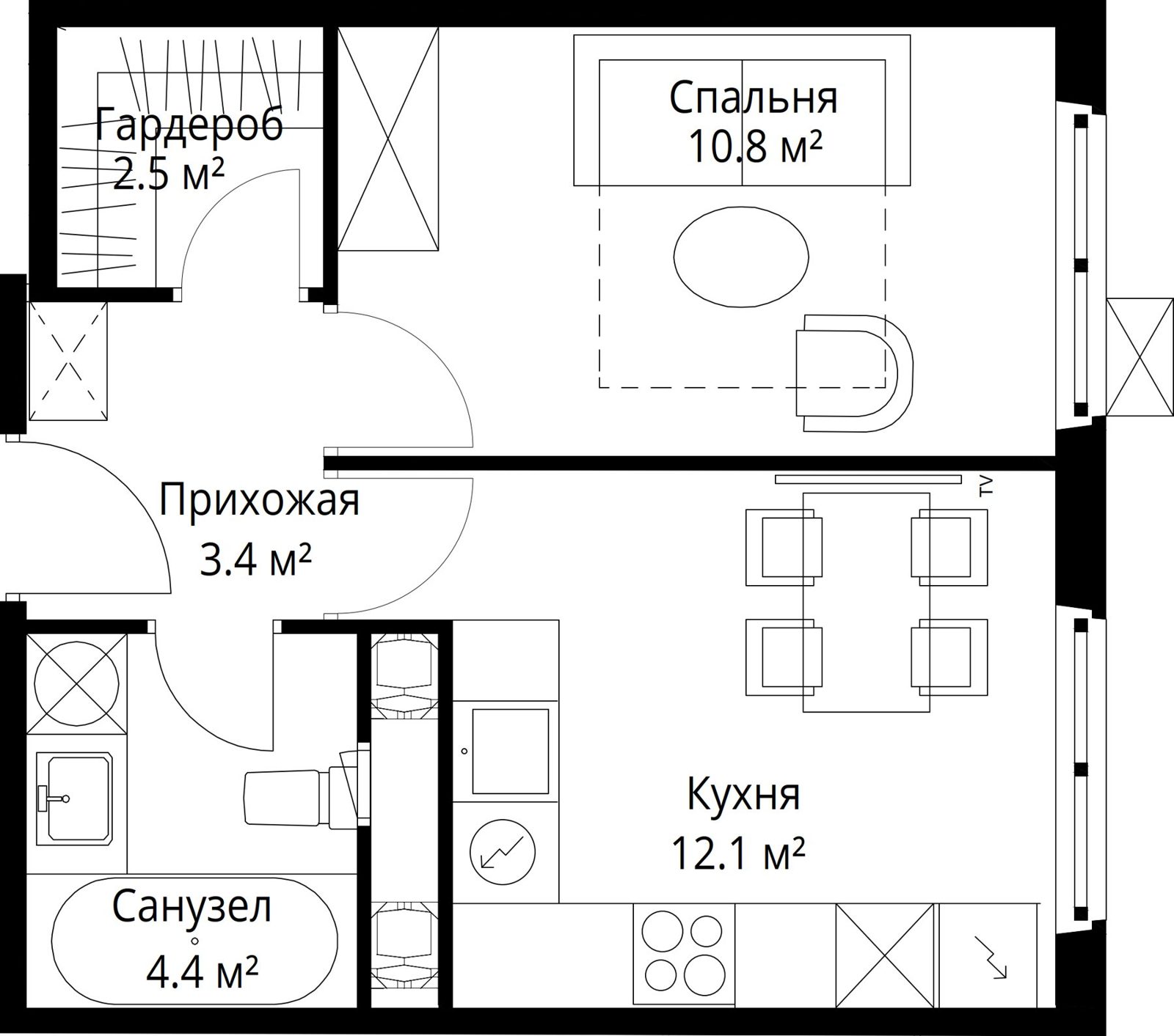 1-комнатная квартира, 33,2 м²