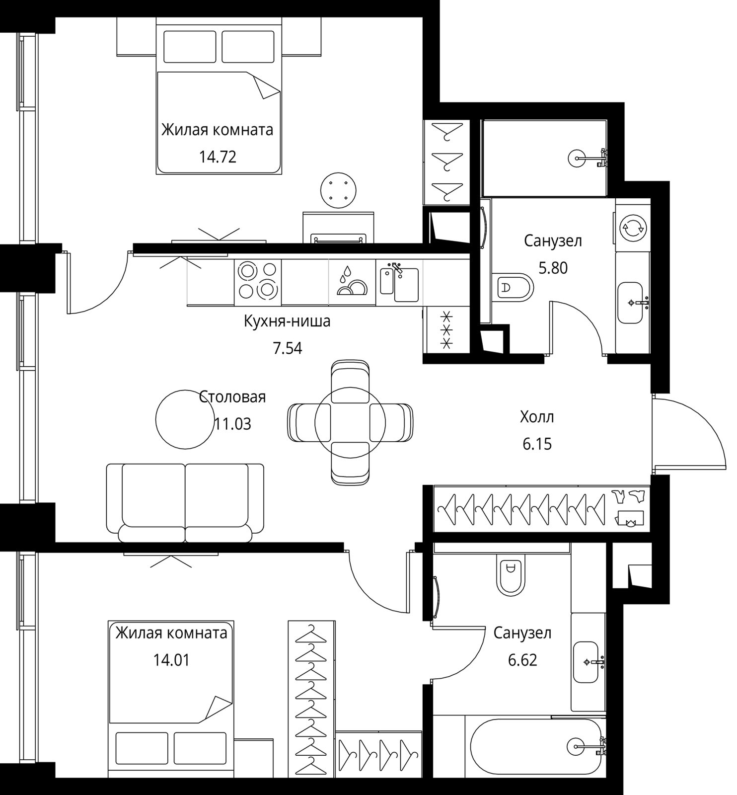 2-комнатная квартира, 65,9 м²