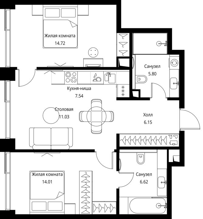 2-комнатная квартира, 65,9 м² — фото 1