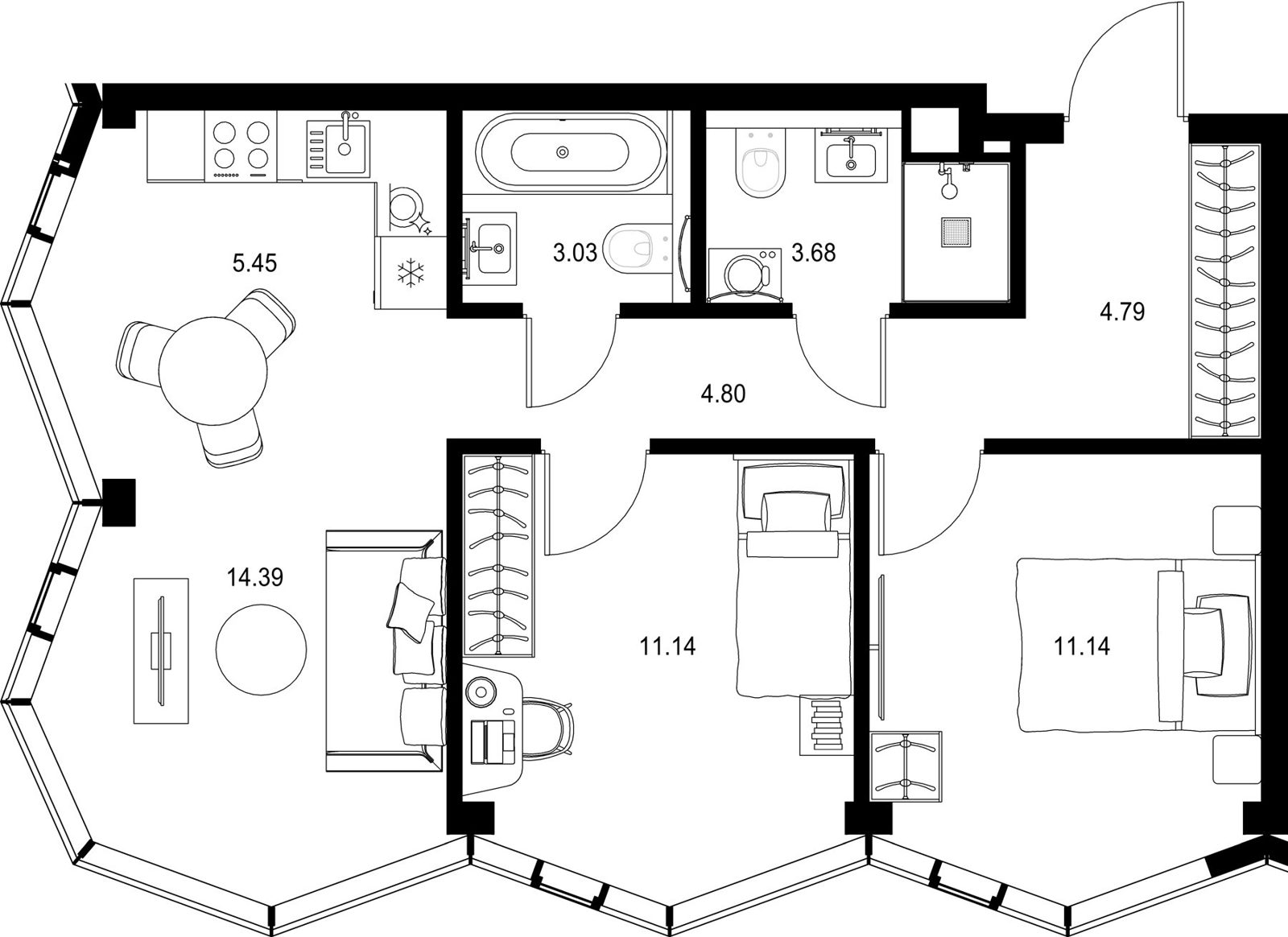 2-комнатная квартира, 58,4 м²