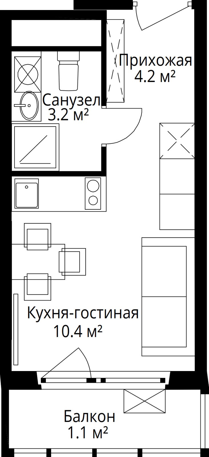Квартира-студия, 18,9 м²