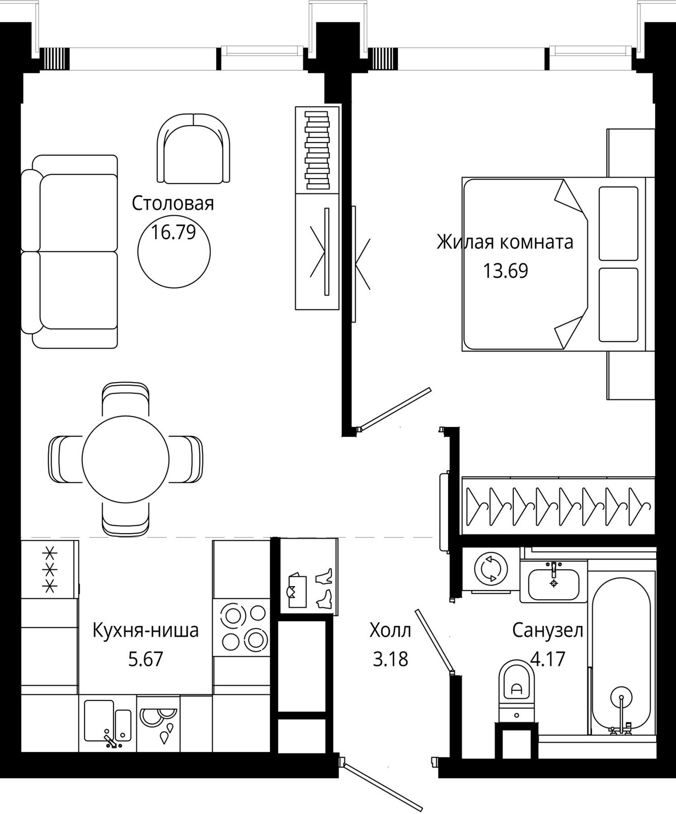 1-комнатная квартира, 44,4 м²