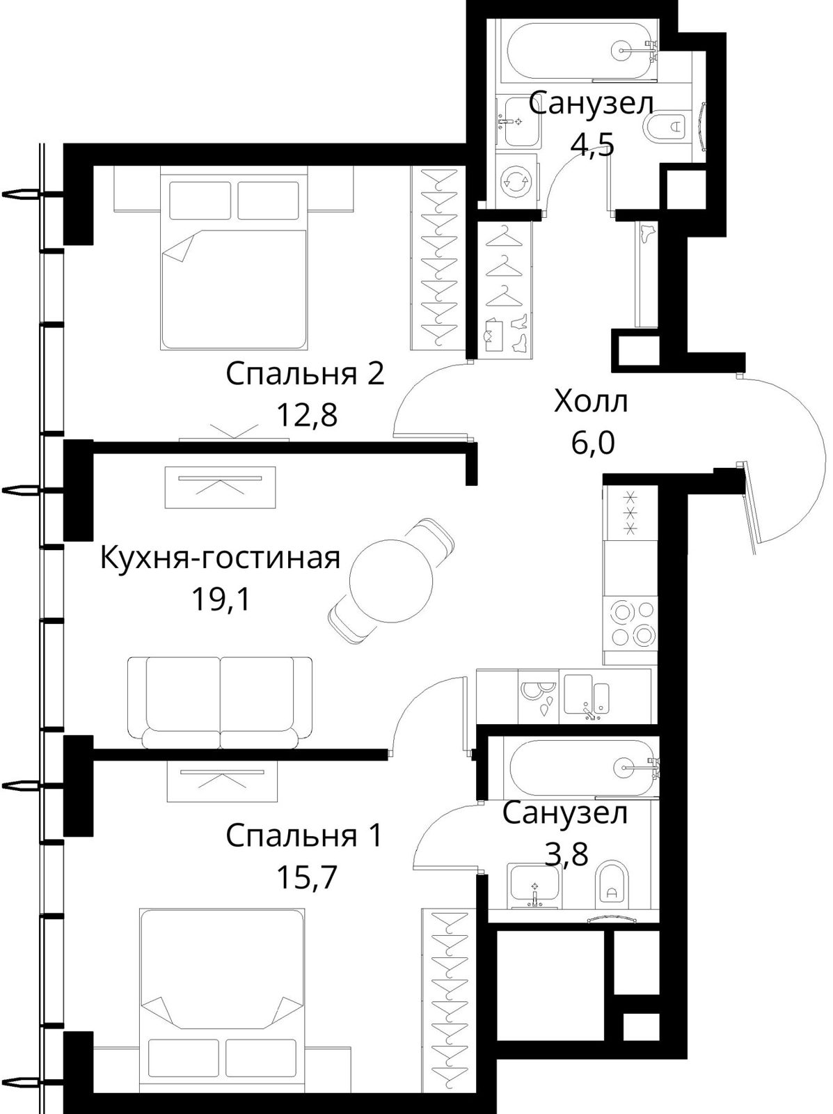 2-комнатная квартира, 61,9 м²