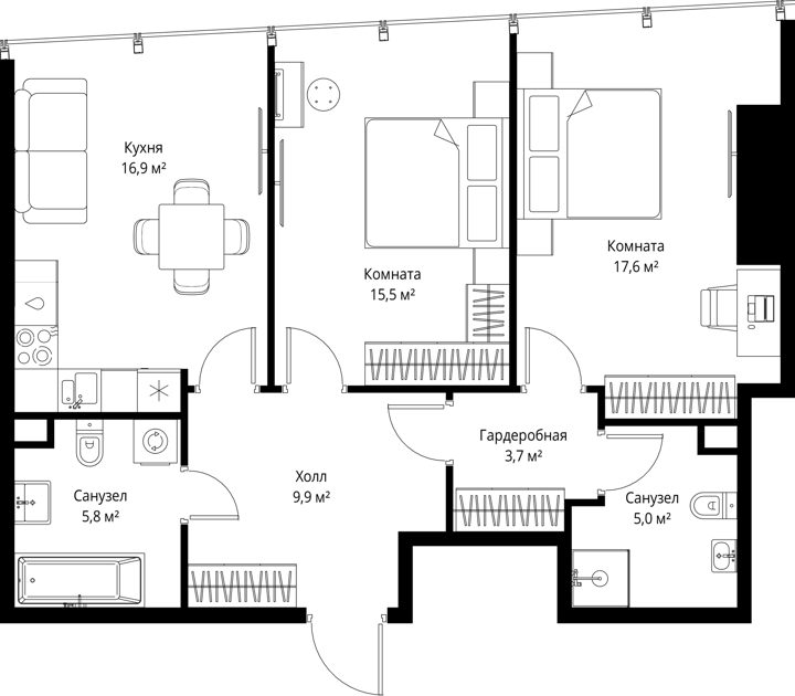 2-комнатная квартира, 74,4 м²