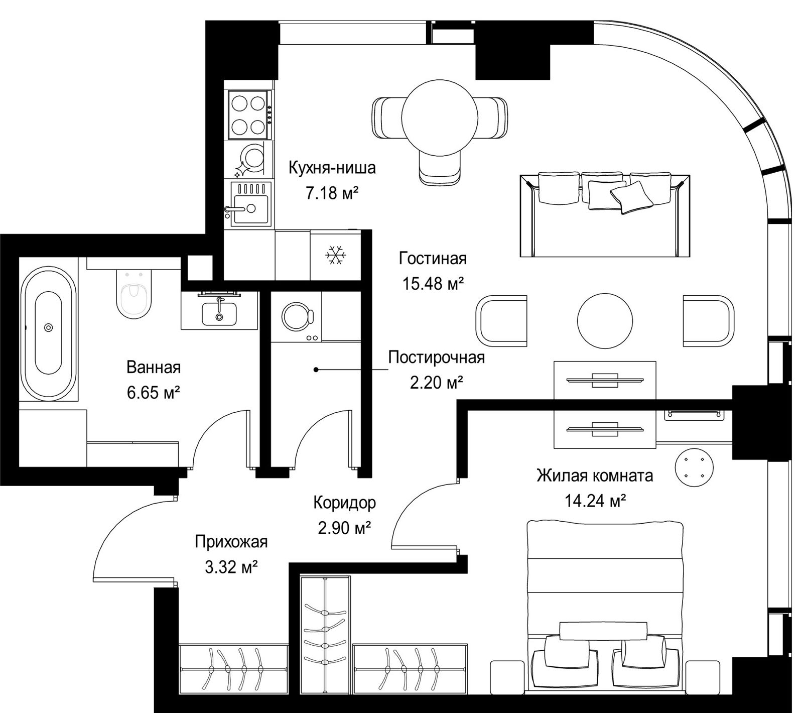 1-комнатная квартира, 52 м²