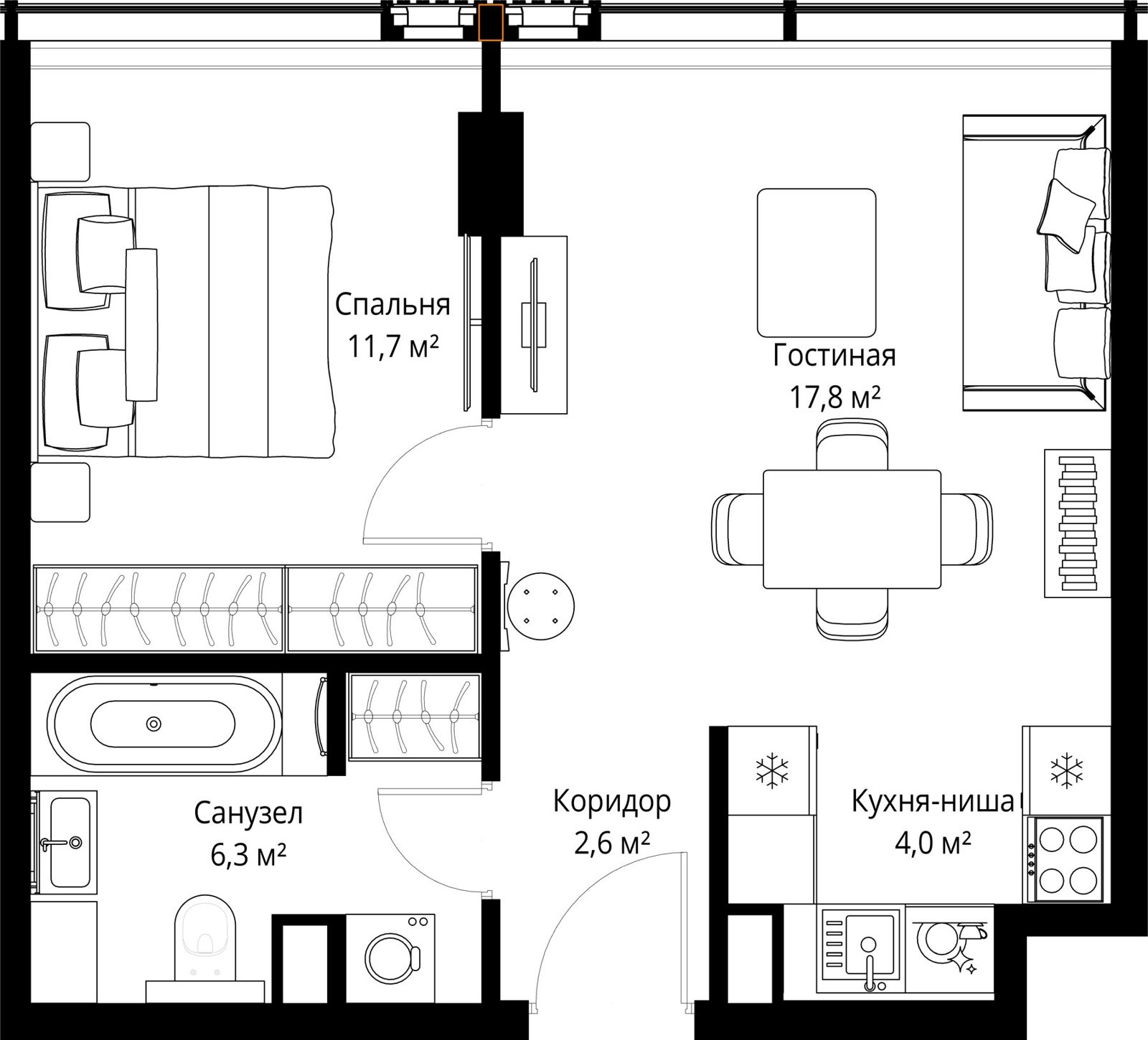 1-комнатная квартира, 42,4 м²