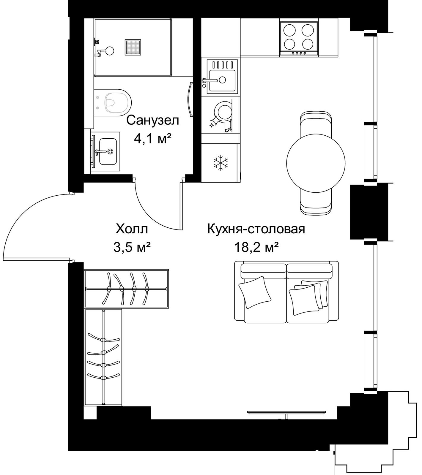 Квартира-студия, 25,8 м²