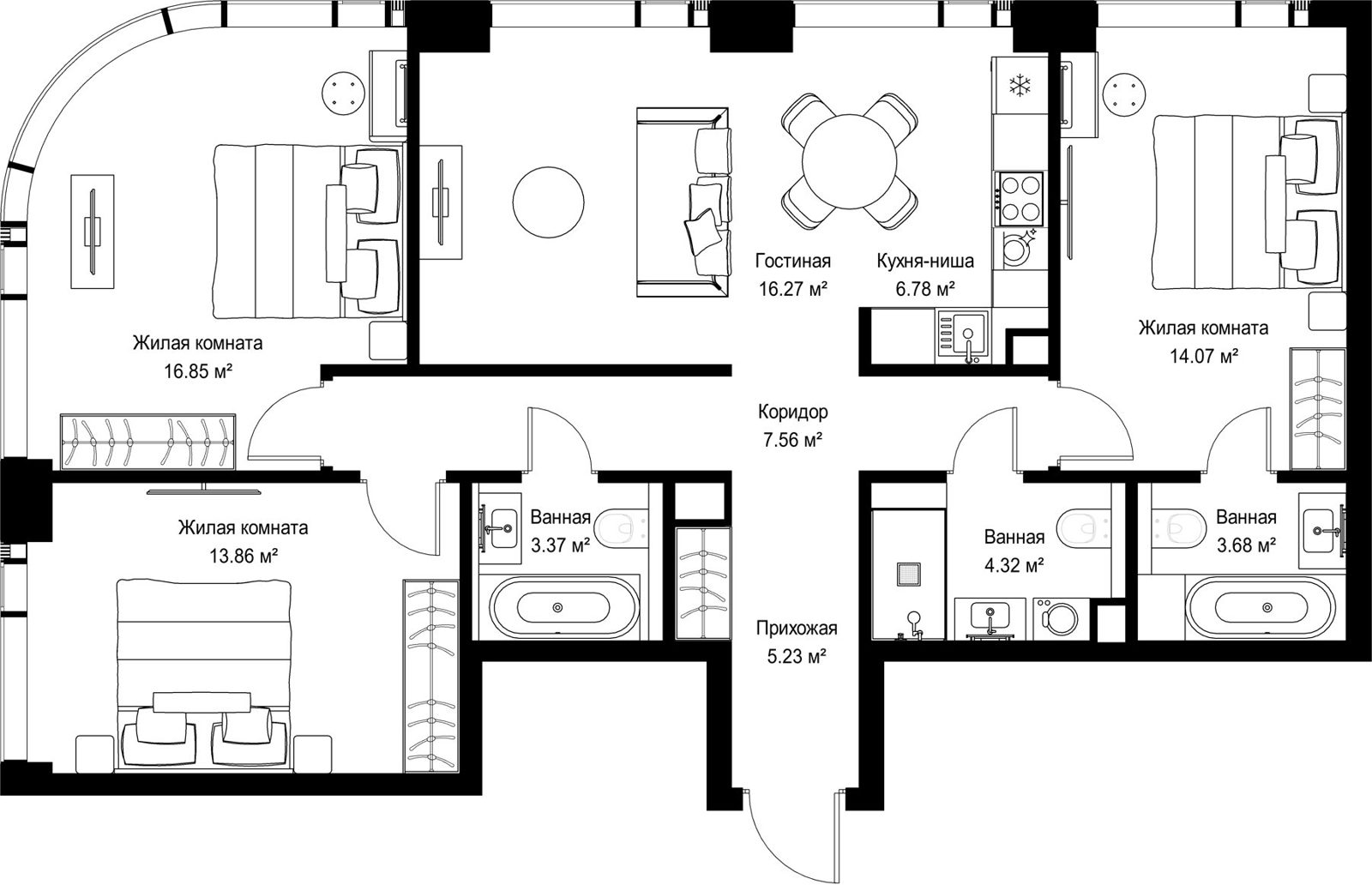 3-комнатная квартира, 92 м²