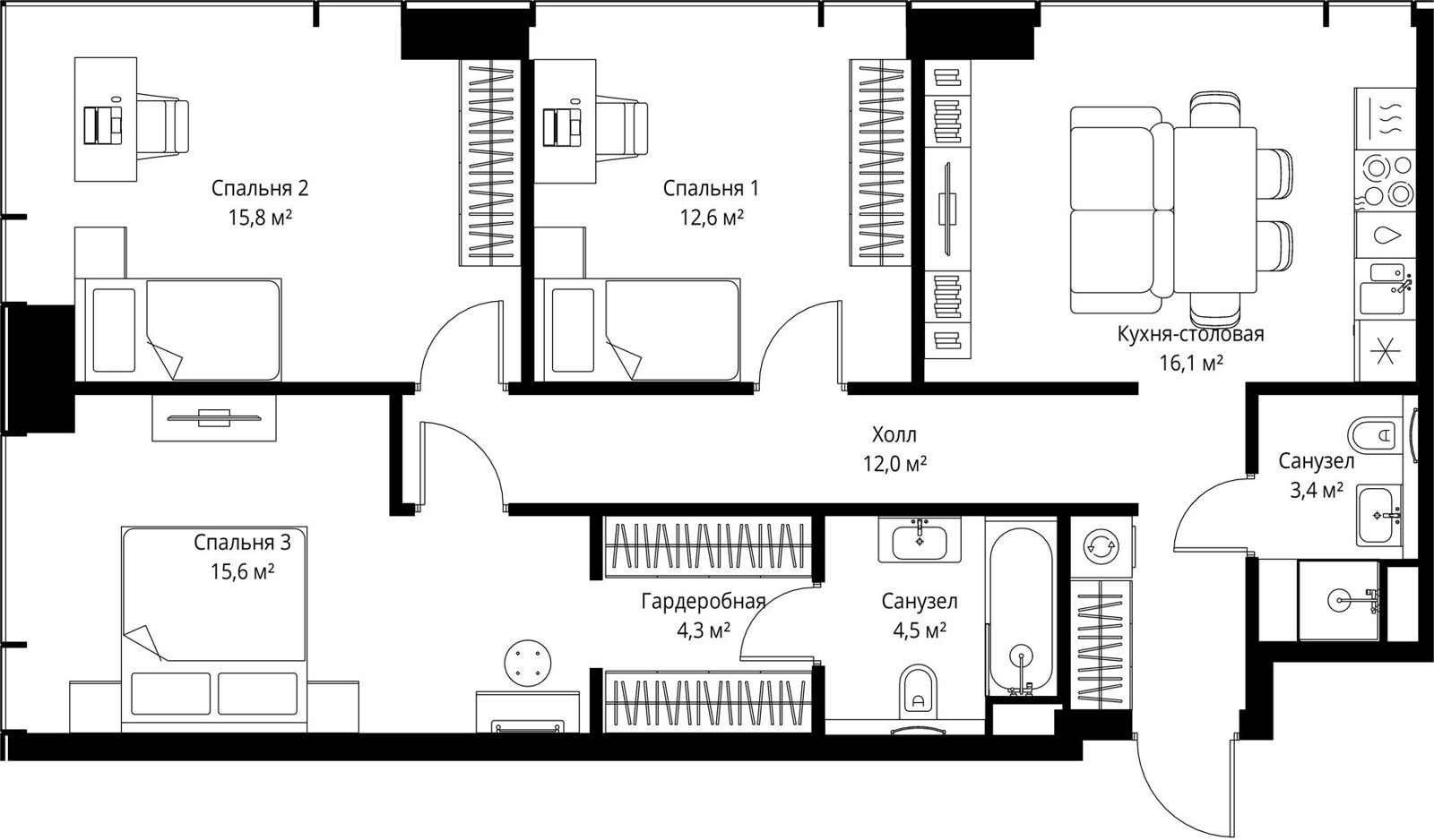 3-комнатная квартира, 88,8 м²