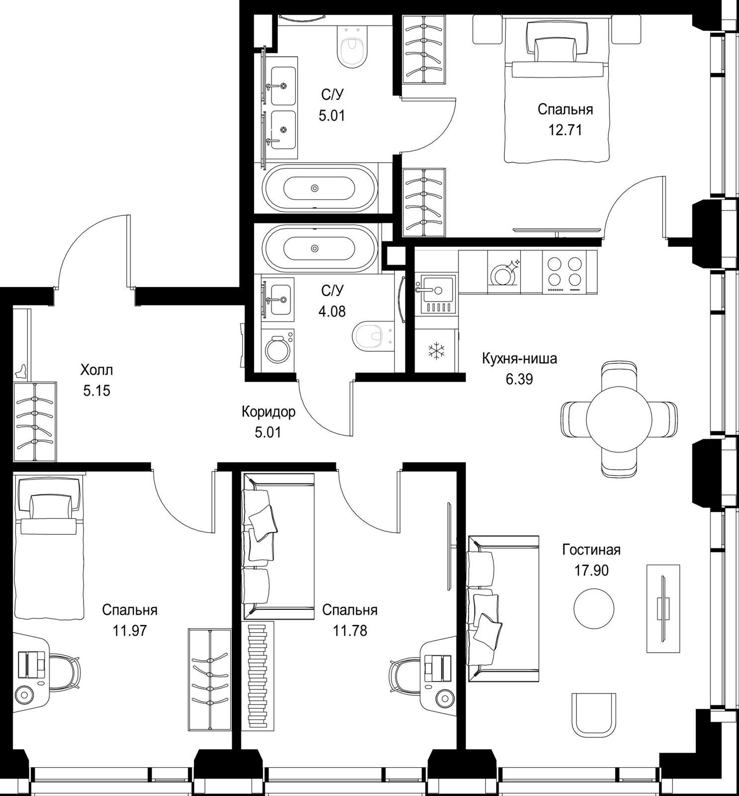 3-комнатная квартира, 80 м²