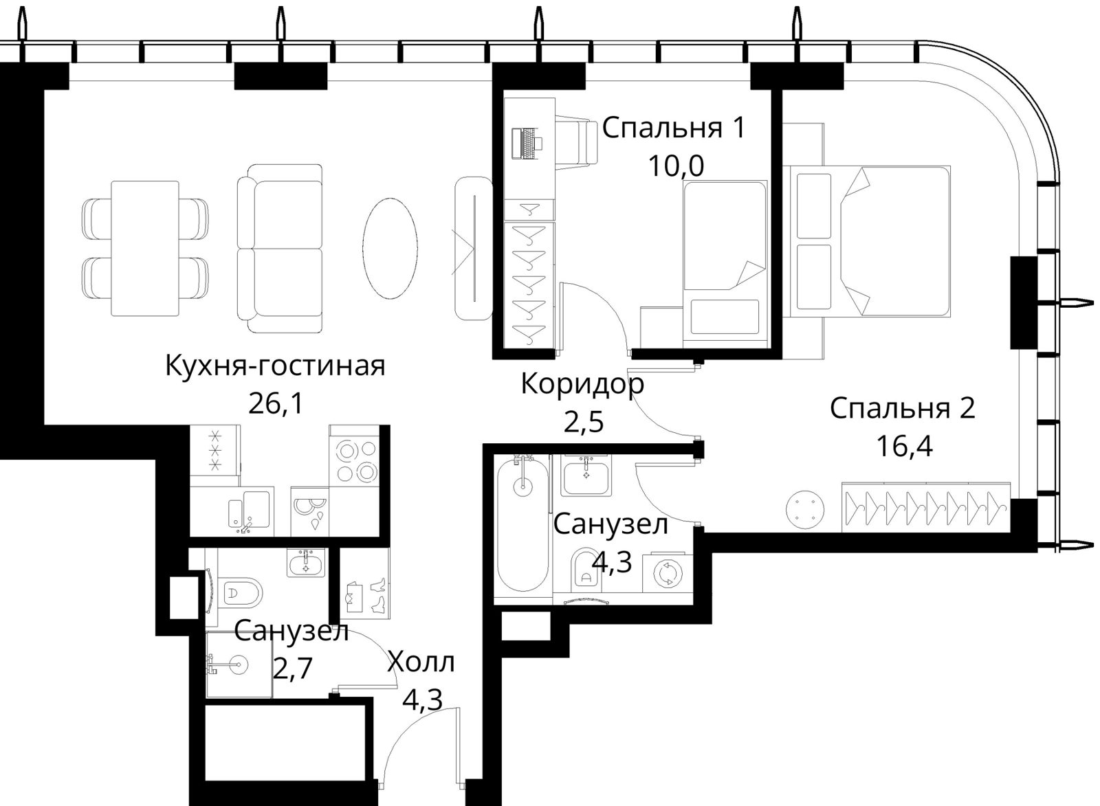 2-комнатная квартира, 66,3 м²
