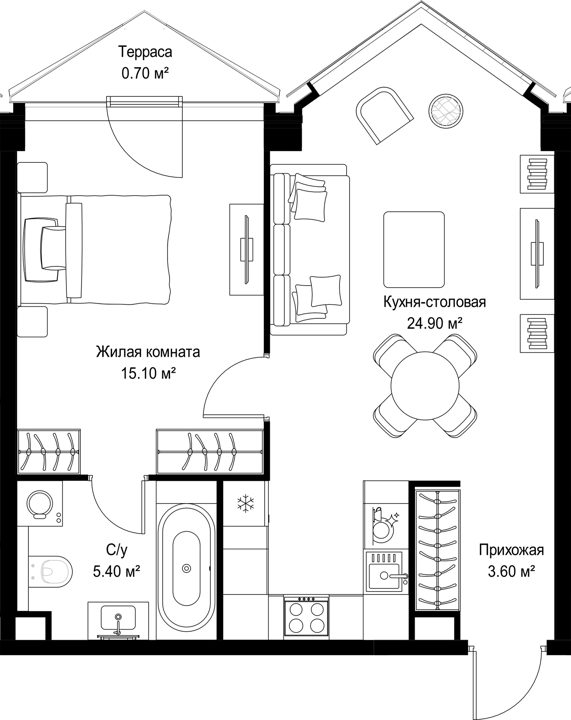 1-комнатная квартира, 49,7 м²