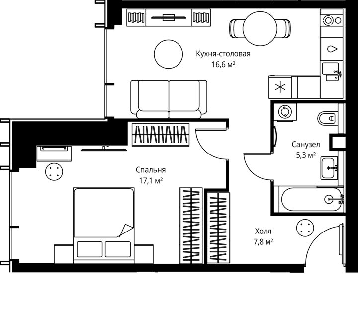 1-комнатная квартира, 46,8 м²