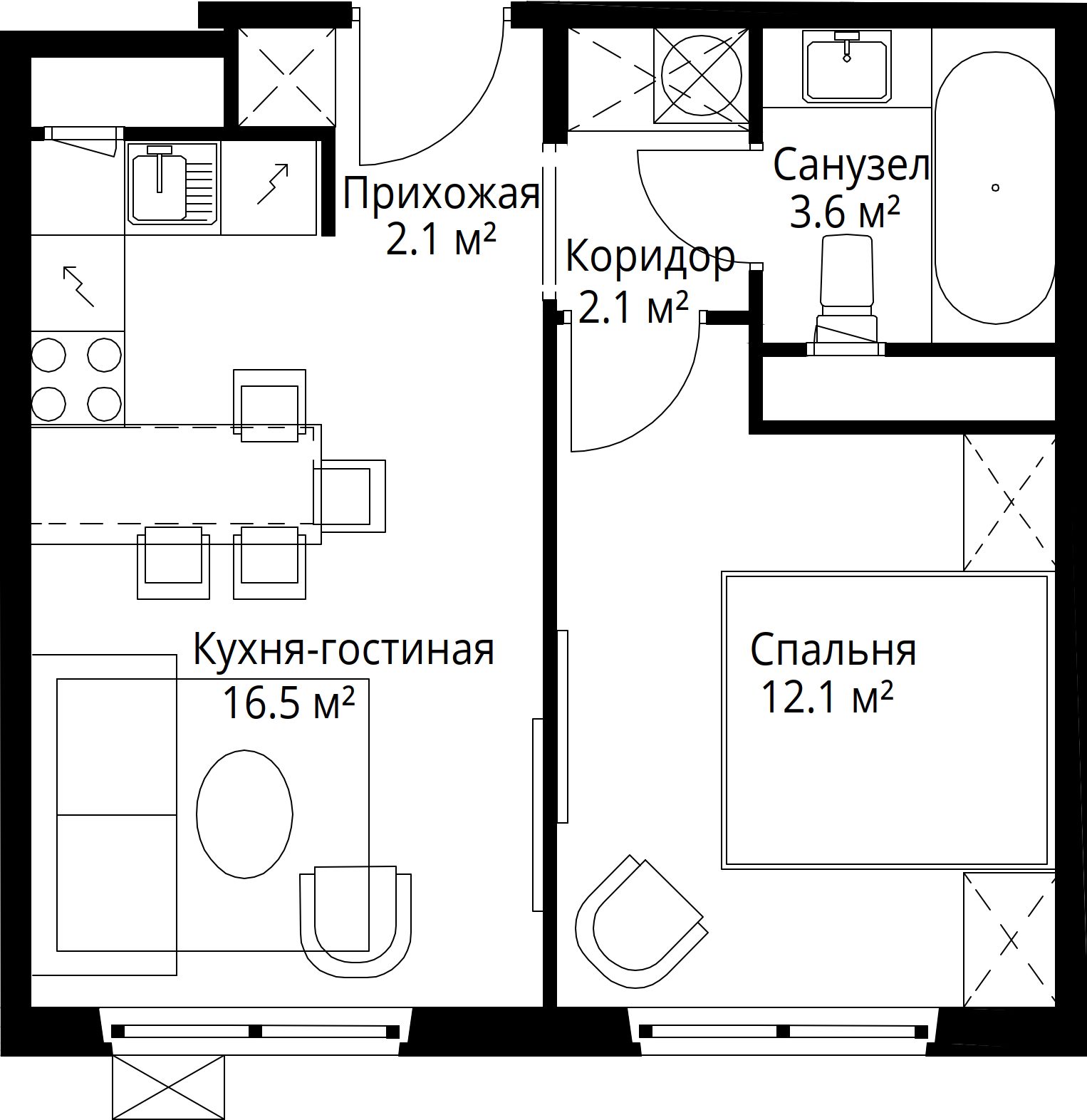 1-комнатная квартира, 36,4 м²