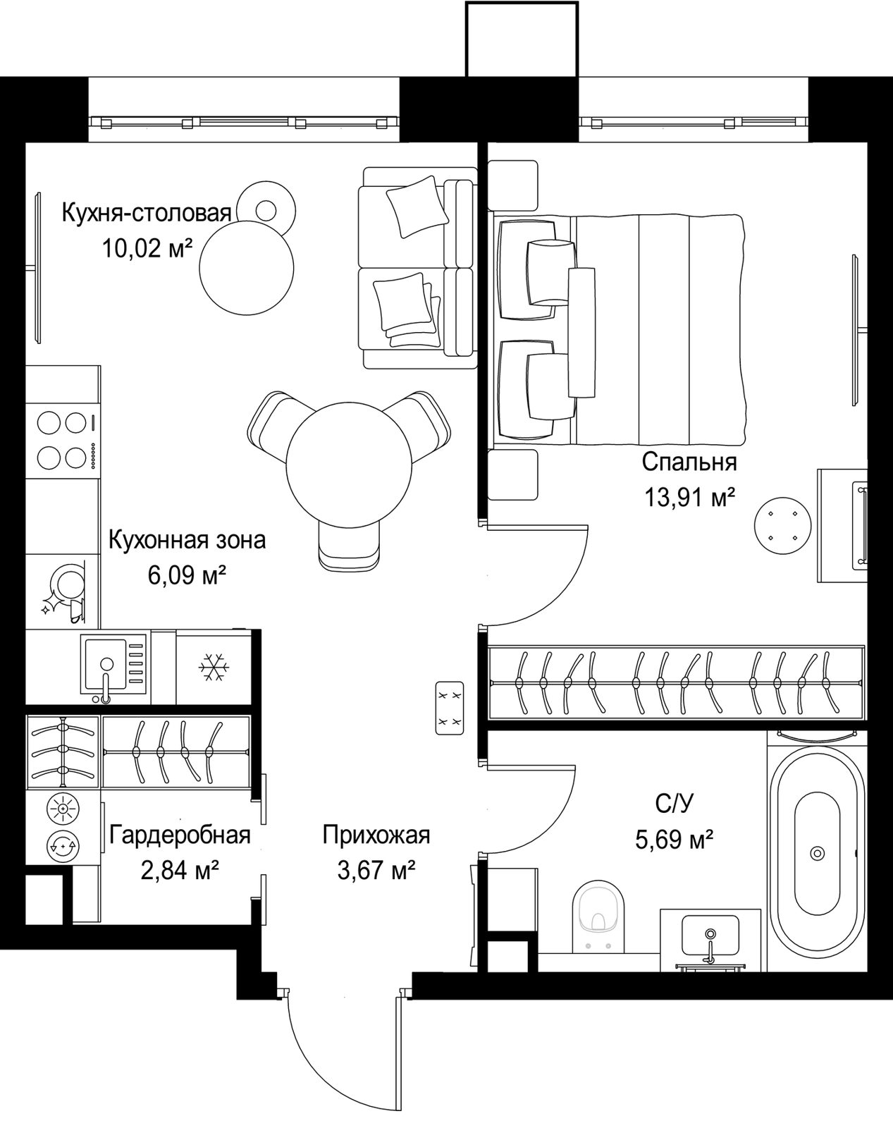 1-комнатная квартира, 42,2 м²