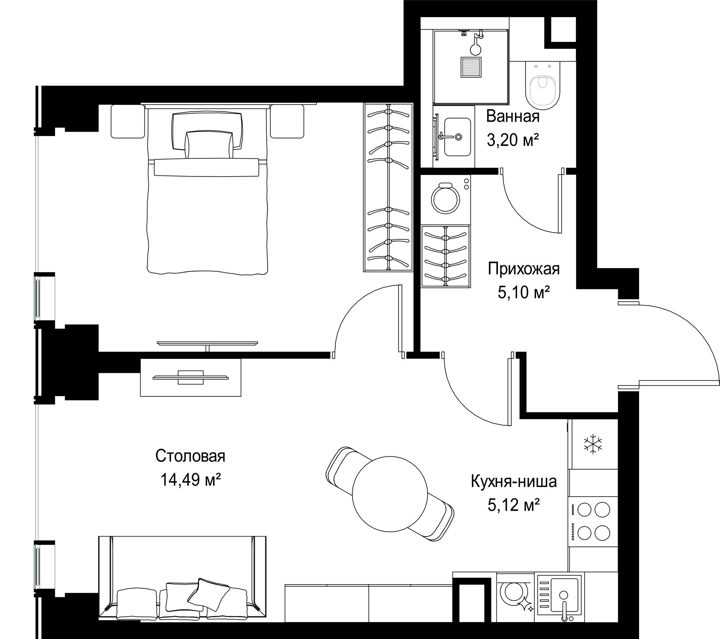 1-комнатная квартира, 40,3 м² — фото 2