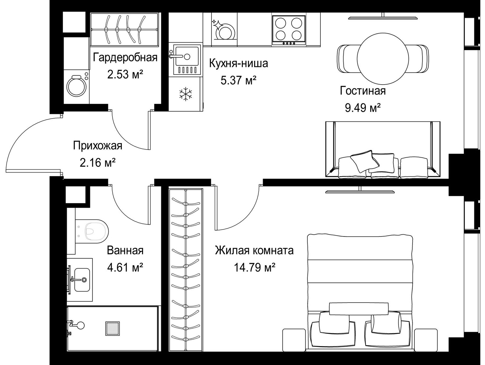 1-комнатная квартира, 39 м²