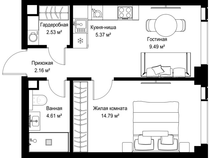 1-комнатная квартира, 39 м²