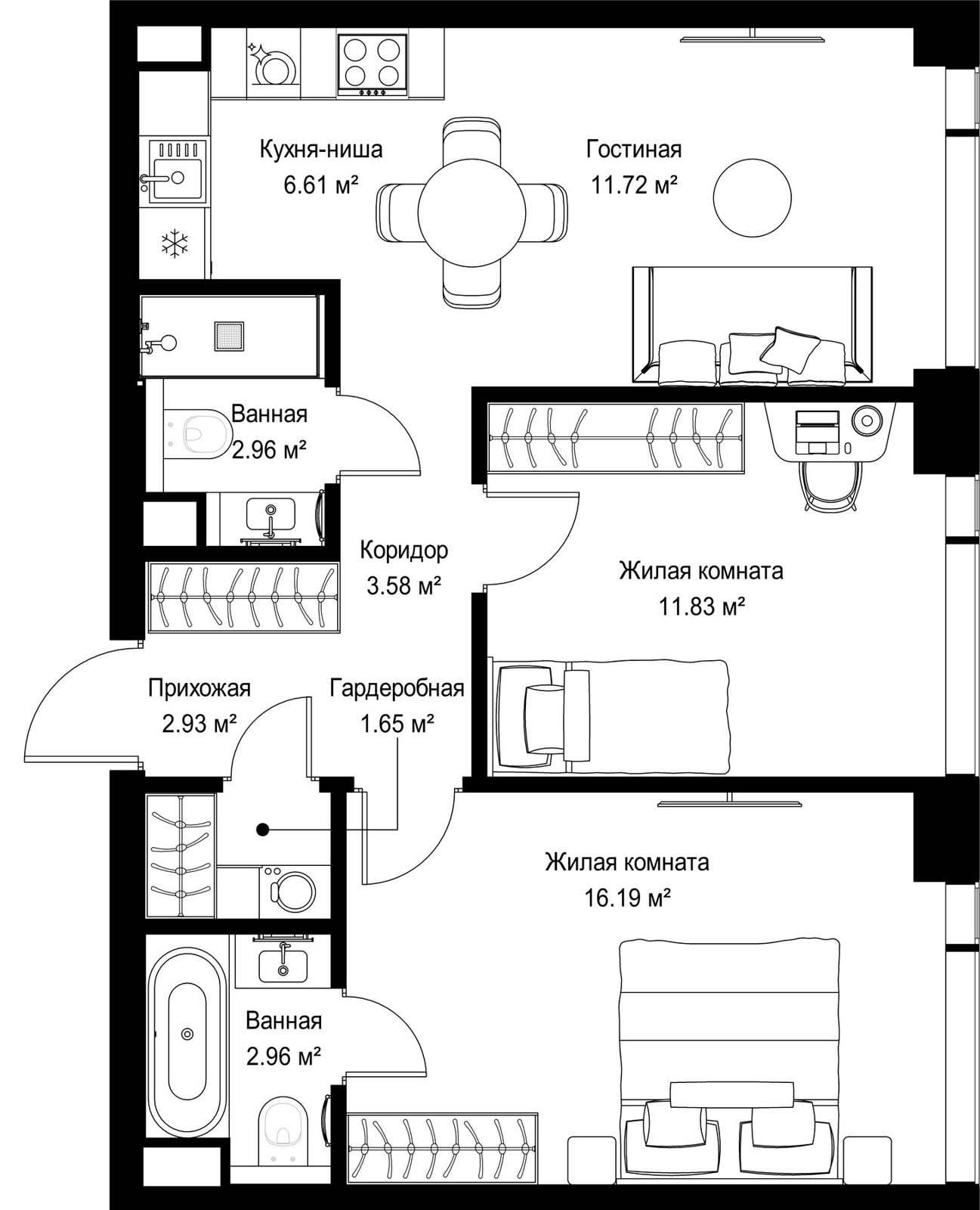 2-комнатная квартира, 60,4 м²