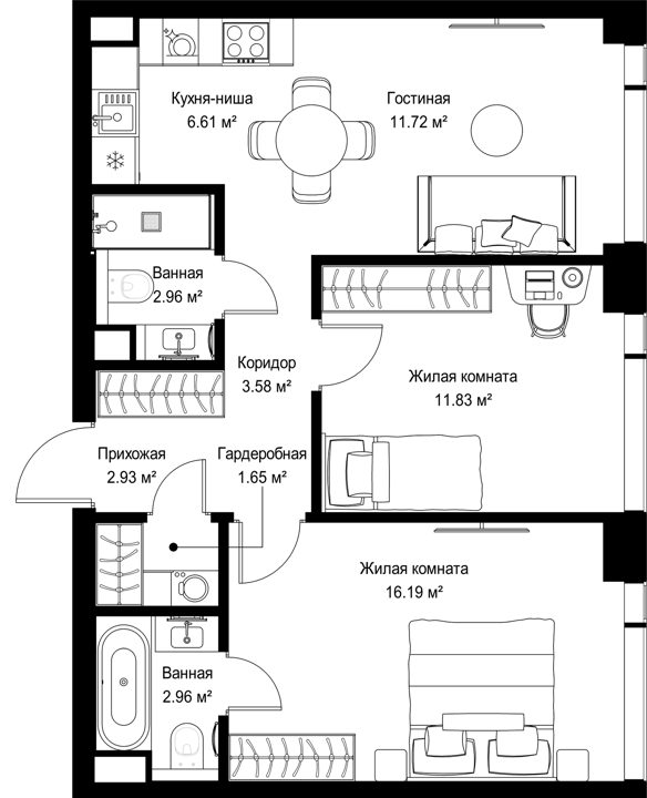 2-комнатная квартира, 60,4 м²