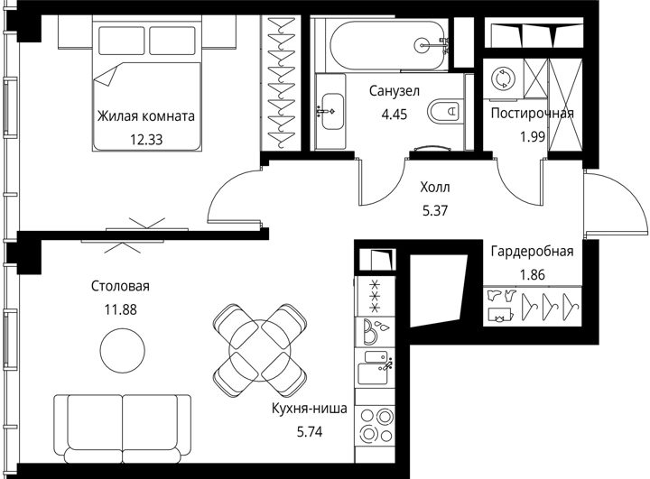 1-комнатная квартира, 43,6 м² — фото 1