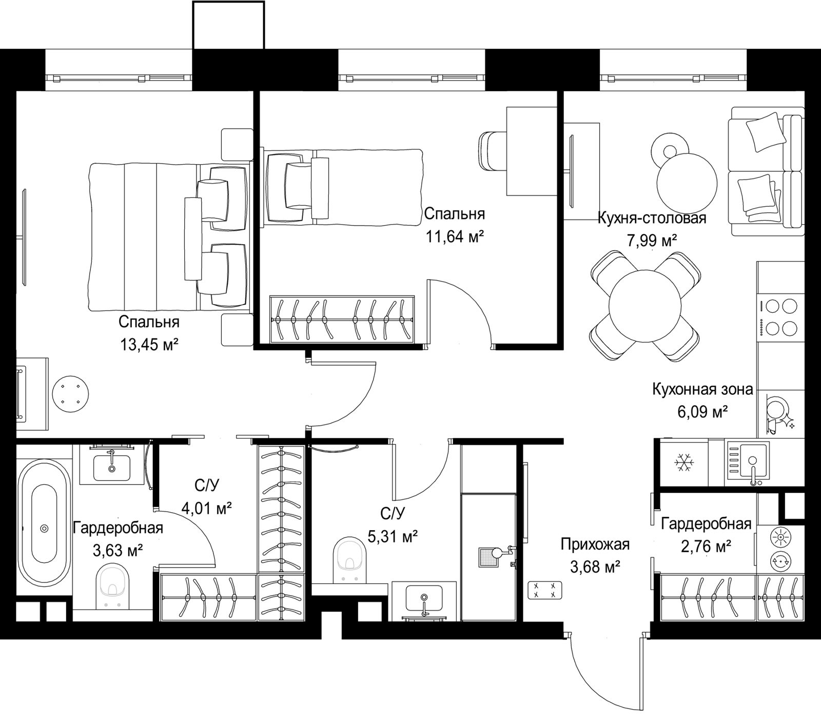 2-комнатная квартира, 62 м²