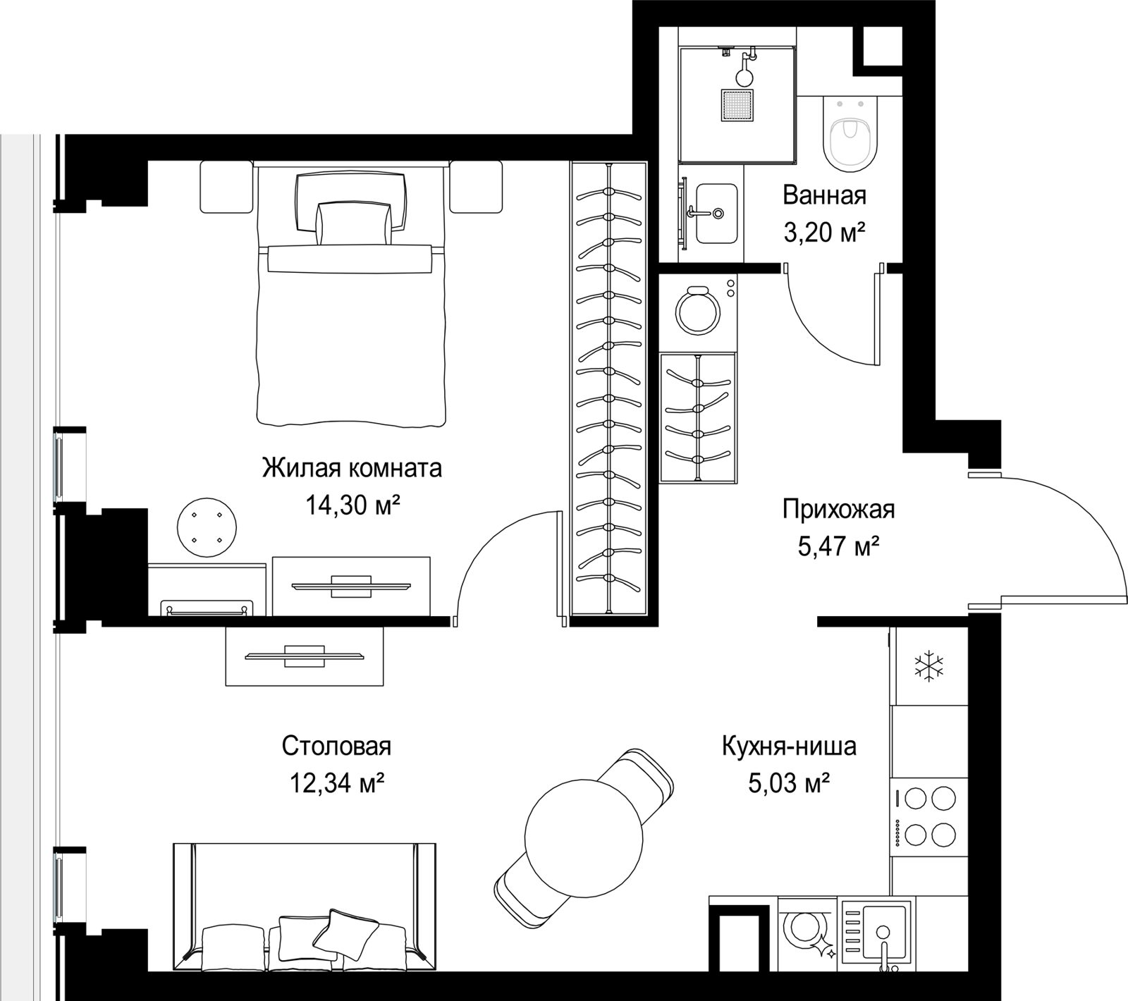 1-комнатная квартира, 40,3 м²