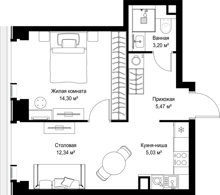1-комнатная квартира, 40,3 м² — фото 1