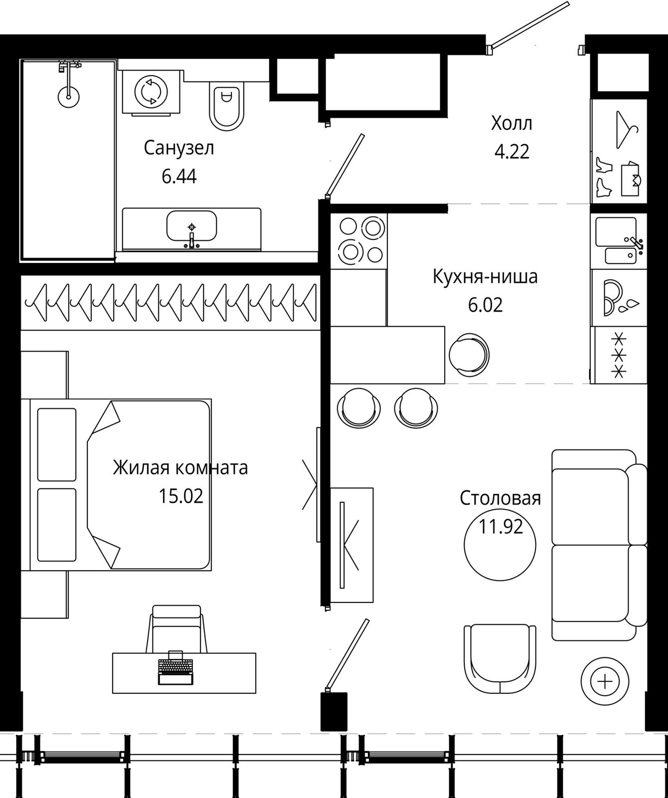 1-комнатная квартира, 43,8 м²